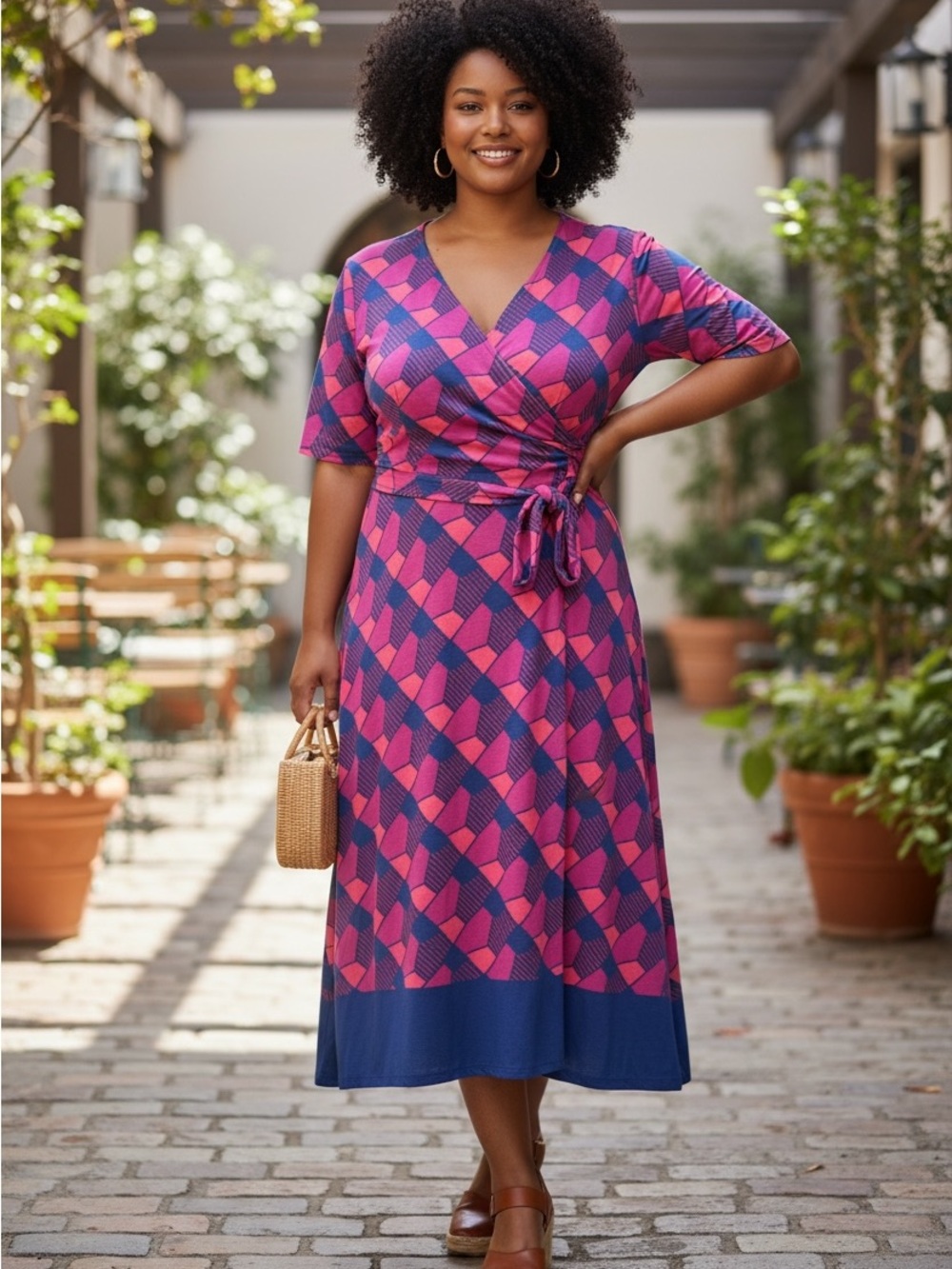 DM Collection Pink and Blue Geometric Wrap Midi Dress Size 14W
